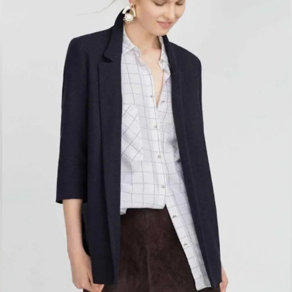 Zara open front Waffle Knit Textured Blazer Jacket Navy M Academia Preppy - Picture 2 of 5